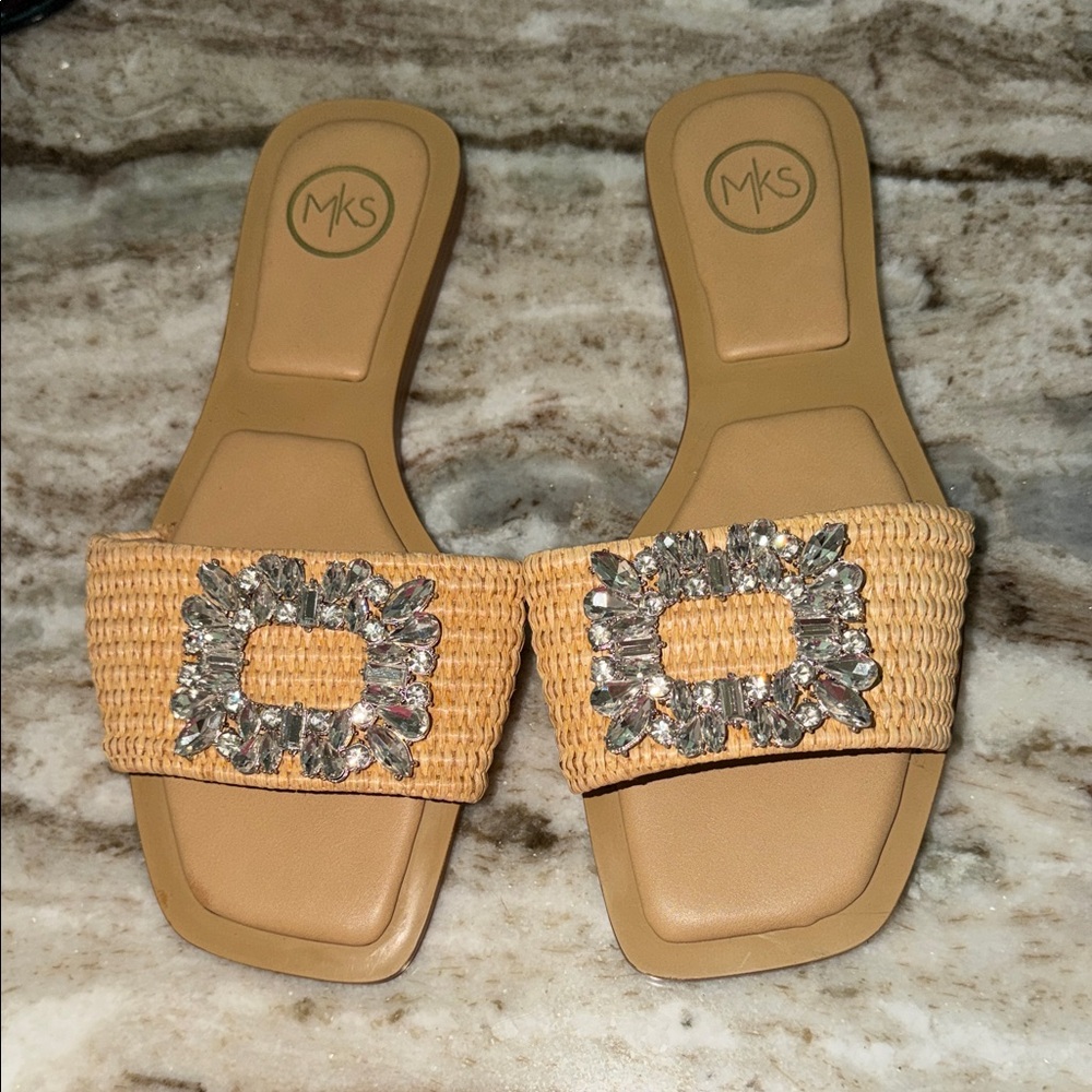 MK Style Tan Raffia Espadrille Slide with Crystal Buckle